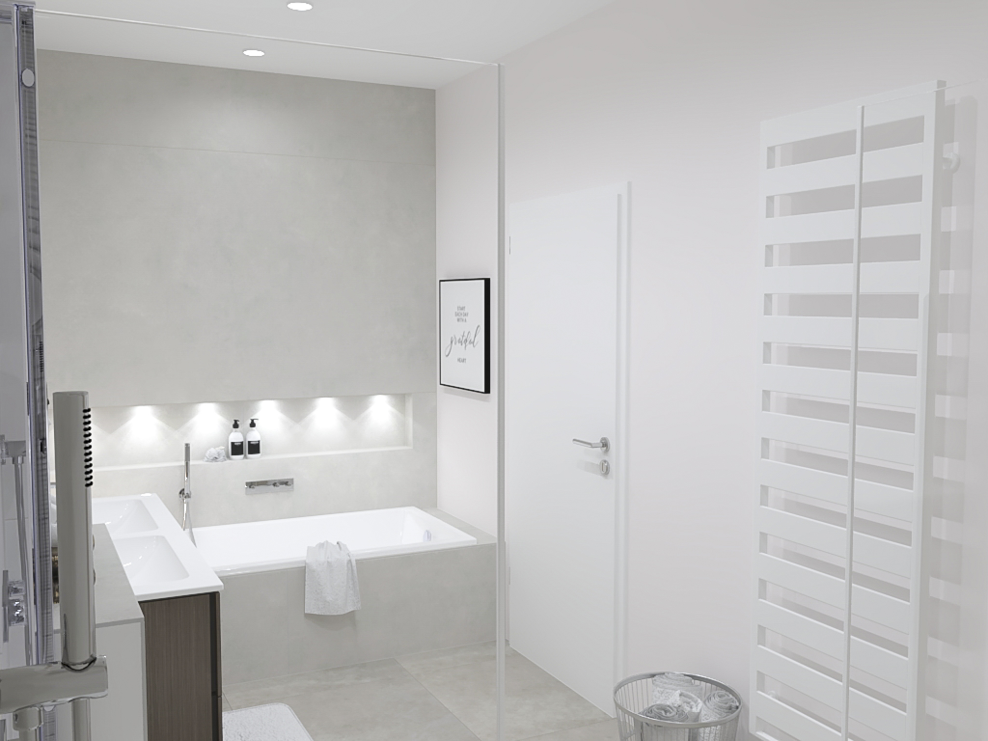 Badezimmer Planung mit Perspektive von der Dusche aus und eingebautem Deckenlicht