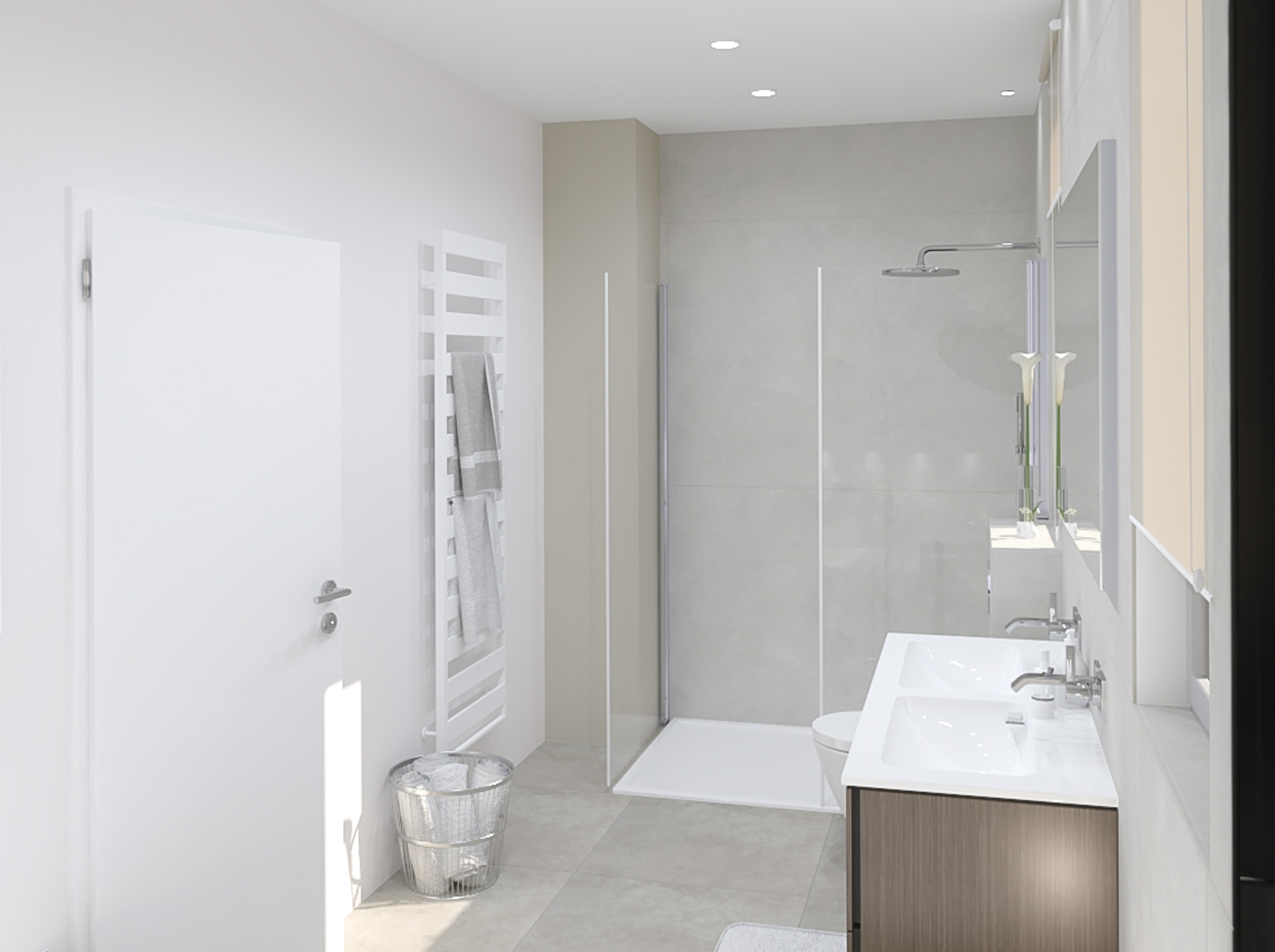 Badezimmer mit Perspektive von der Badewanne aus und eingebautem Deckenlicht